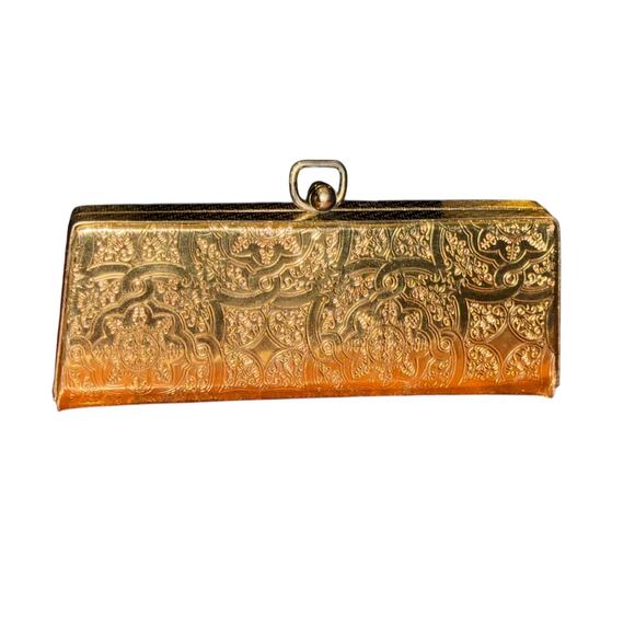 Vintage Gold Tone Floral Etched Metal Vanity Trinket Case Lined Formal Dinner - Picture 4 of 7
